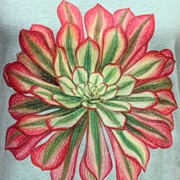 New Hand Printed Large Pink Green Succulent Cactus Cotton Blend Short Sleeve Tee - Picture 2 of 3